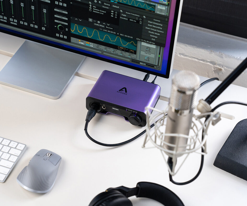 Apogee BOOM on studio desk with iMac and microphone