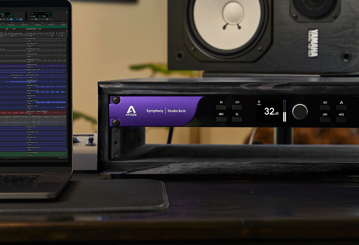 Symphony Studio 8x16 in a rack with Yamaha NS10's in the background.