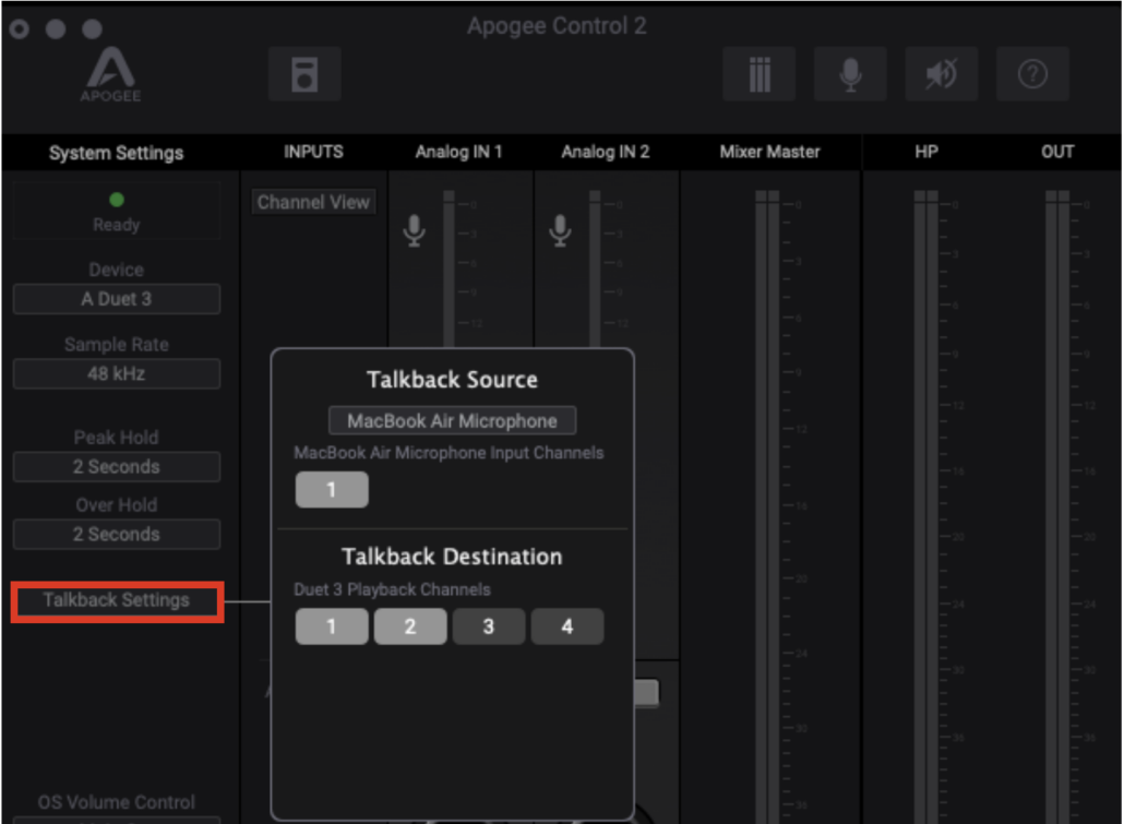 Setting up the internal MacBook Mic for Talkback with Control 2