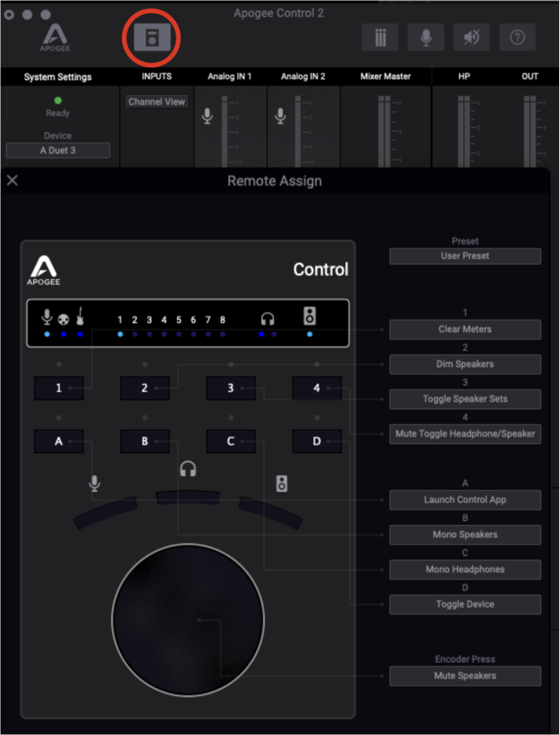 Select the Control Remote Icon in Apogee Control 2 to assign functions to its buttons 